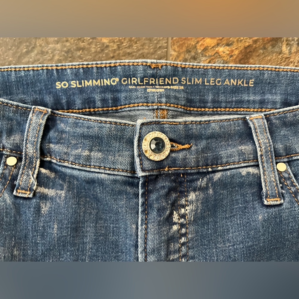Chico’s so slimming girlfriend slim leg ankle dark wash metallic rinse. Size 12R - Picture 9 of 16